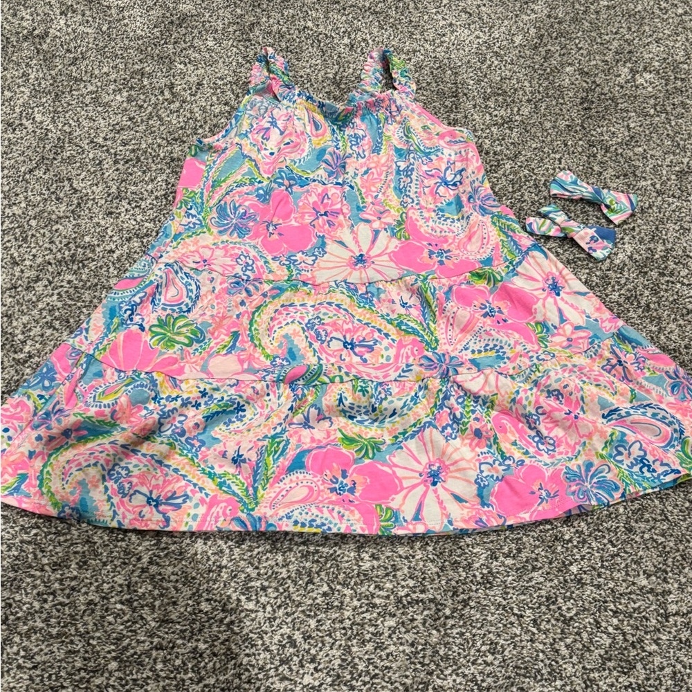 Lilly Pulitzer Pink and Blue Kids Casual Dress and 2 alligator clip bows